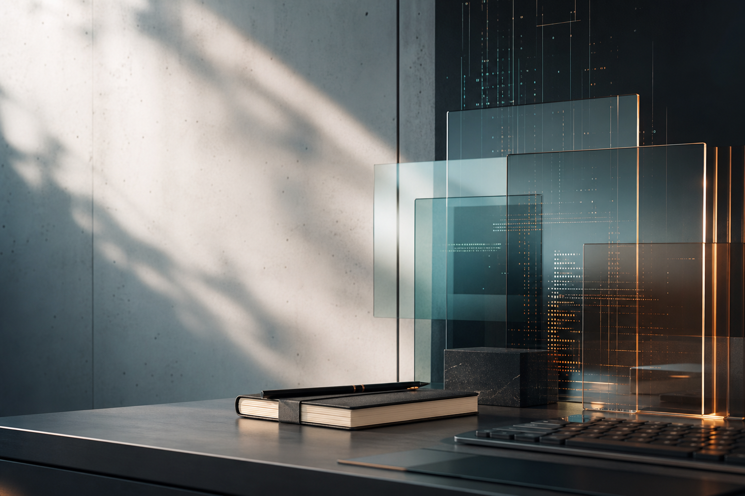 Modern coding workspace with layered glass panels and subtle light traces